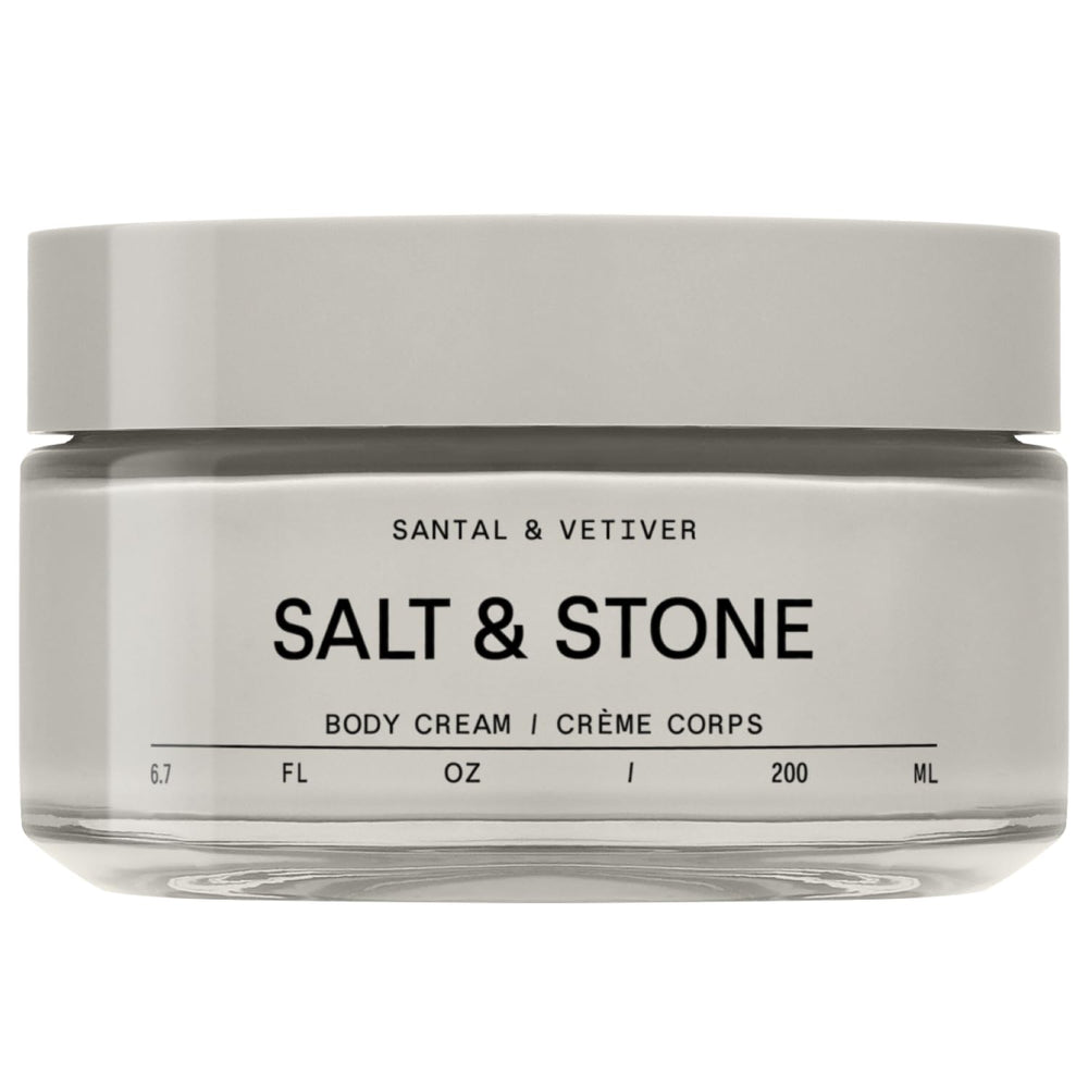 Salt & Stone Santal & Vetiver body cream bottle showing deep hydration benefits.
