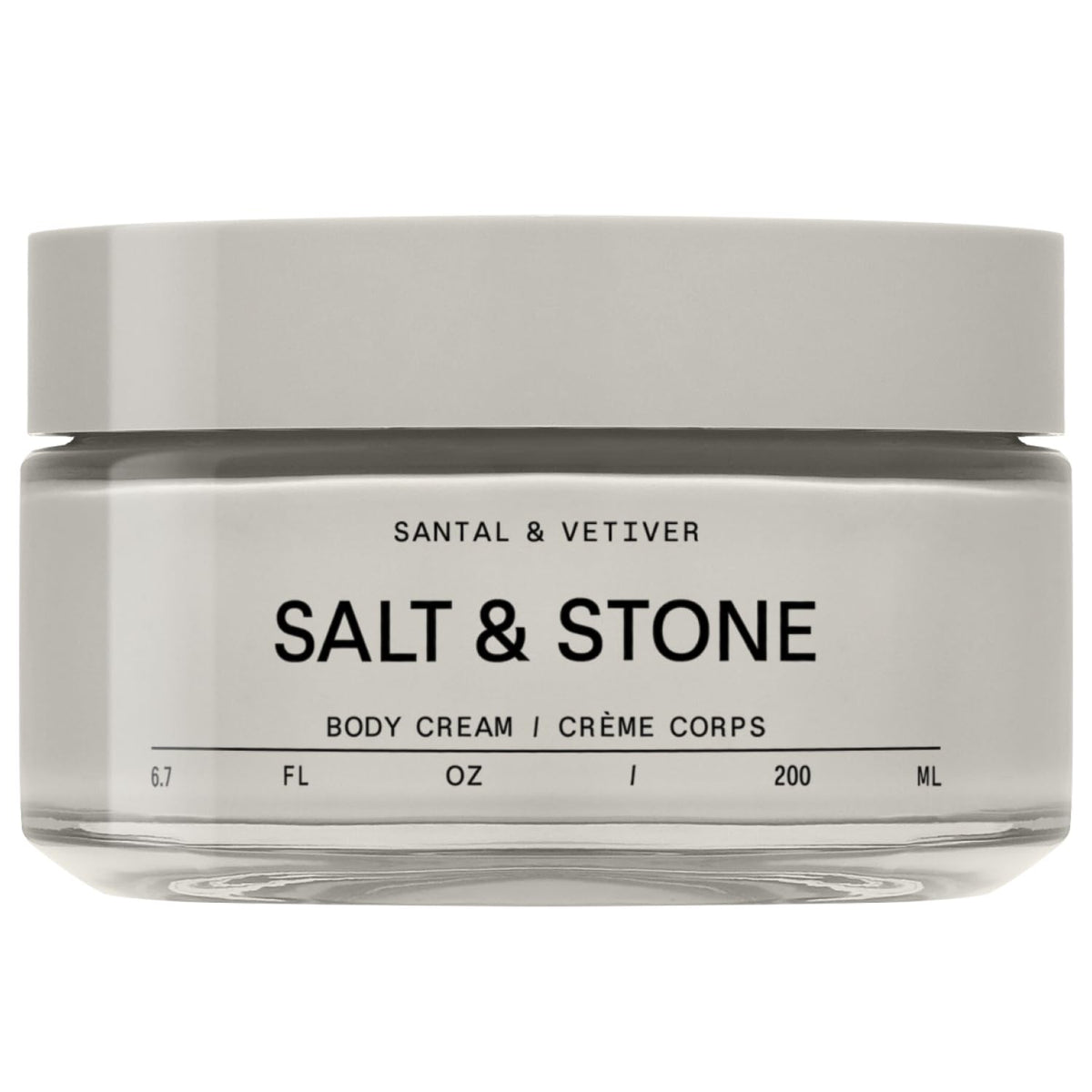 Salt & Stone Santal & Vetiver body cream bottle showing deep hydration benefits.