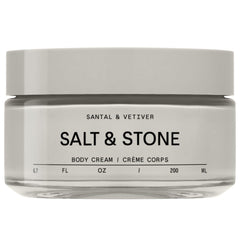 Salt & Stone Santal & Vetiver body cream bottle showing deep hydration benefits.
