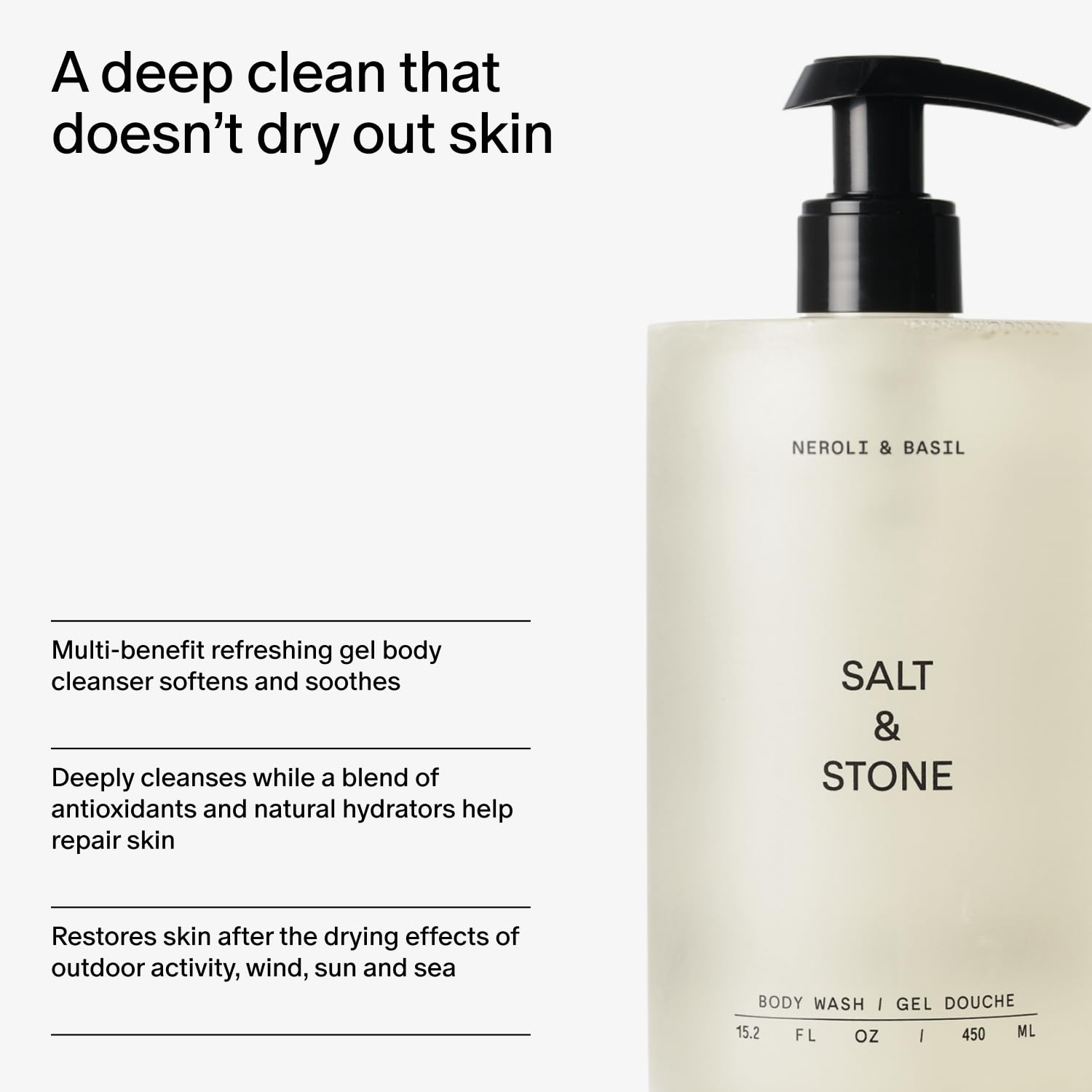 Salt & Stone Neroli Basil with seaweed extract and vitamin C for radiance.