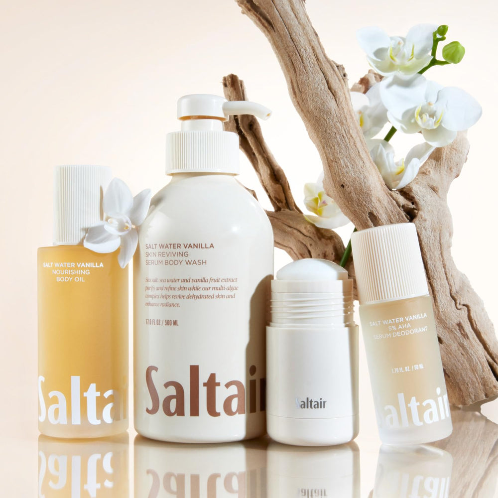 Saltair Salt Water Vanilla on bathroom shelf signals a spa-like daily wash.