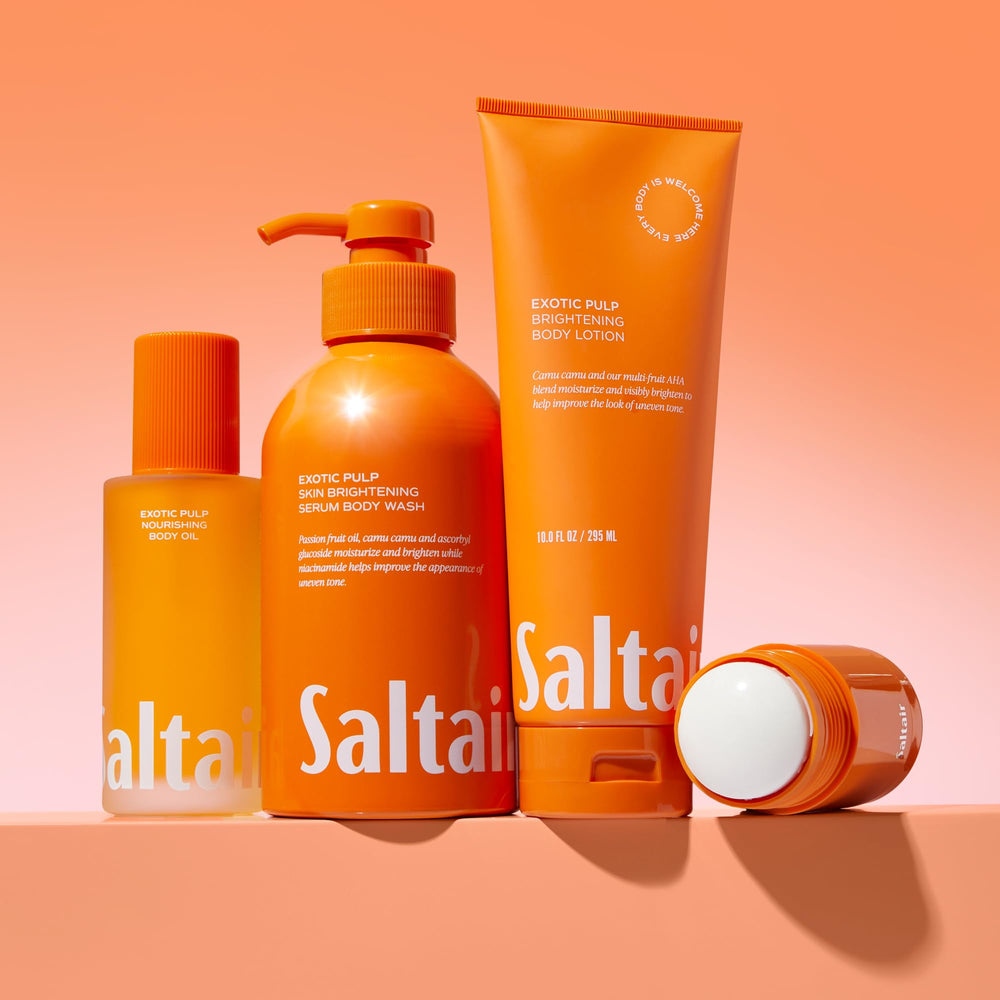 Saltair bathroom setup with shower scene and premium body wash.