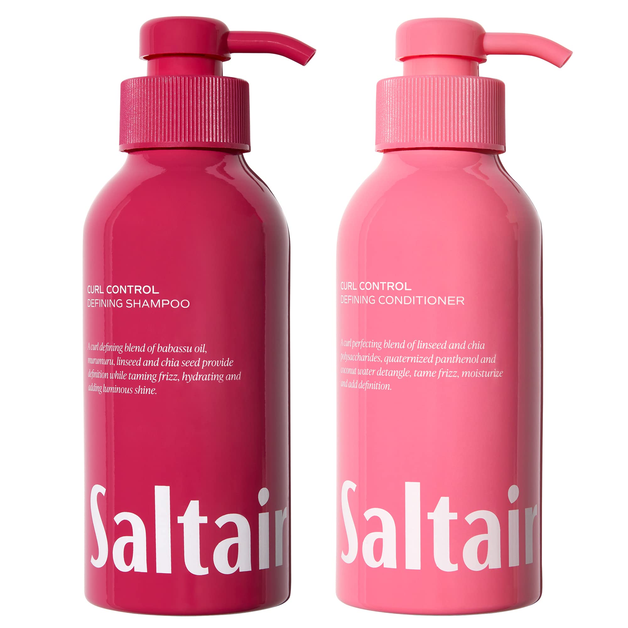 Saltair Curl Control Shampoo bottle showcases smooth, defined curls with almond aroma.