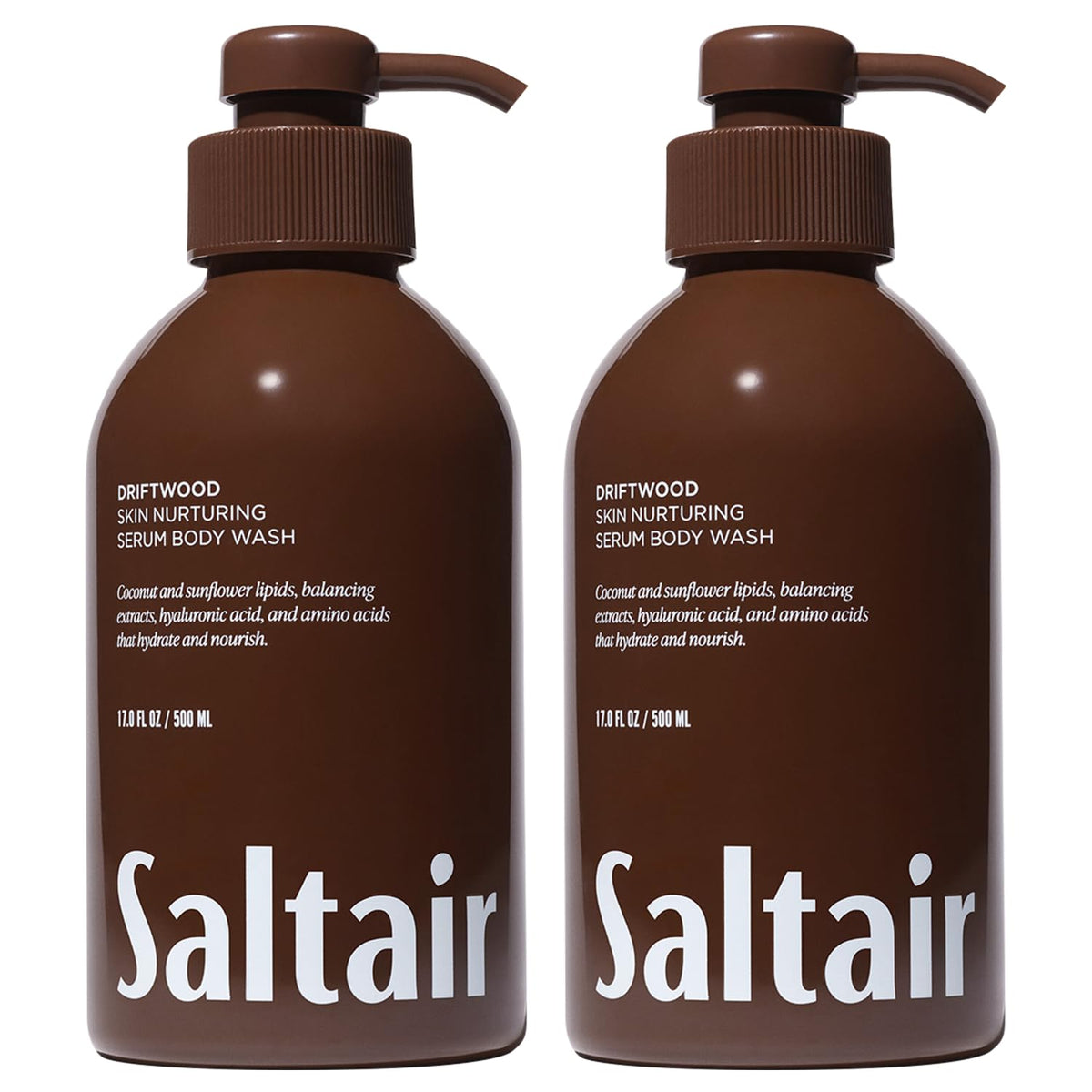 Saltair Driftwood bottle pump showing hydrating shower gel for daily use.
