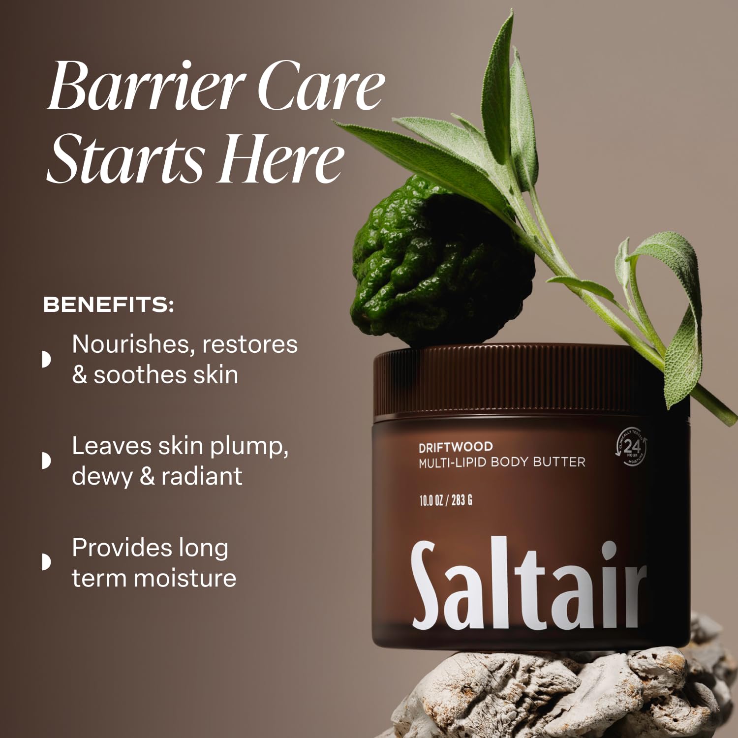Saltair Driftwood fragrance notes with bergamot and sage for a woody aroma.