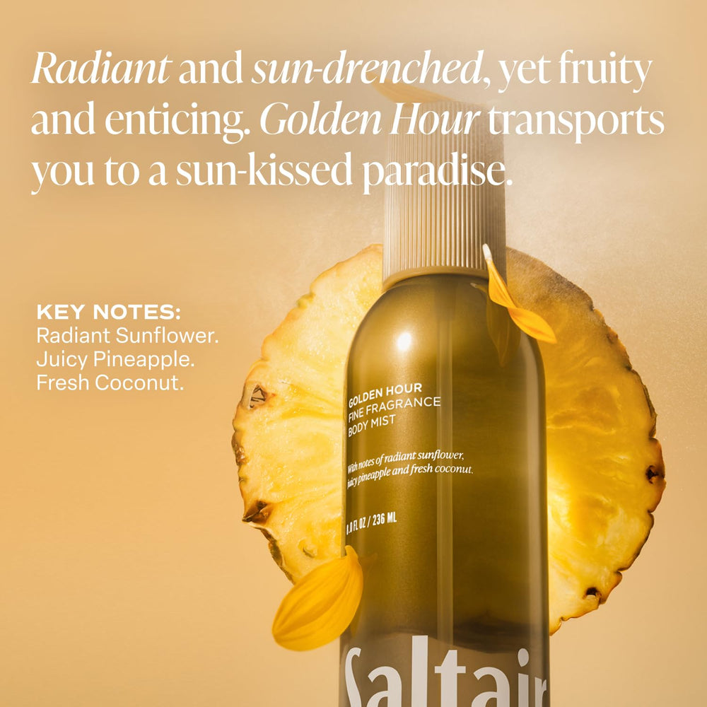 Saltair Golden Hour bottle with ingredients glass accent conveys premium quality