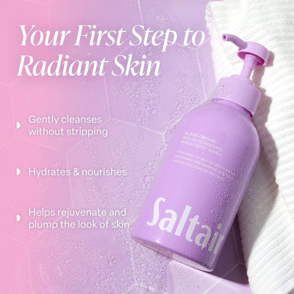 Saltair Island Orchid pump close-up, decadent lather that rinses clean.