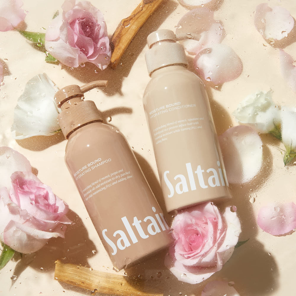 Saltair Moisture Bound shampoo bottle on sink.