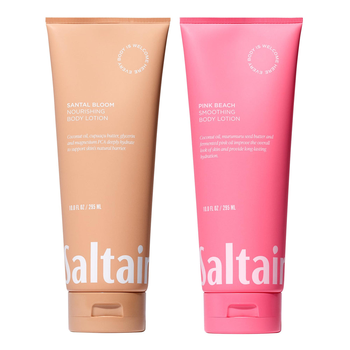 Saltair Pink Beach body lotion bottle showcases island-inspired scent for daily hydration.