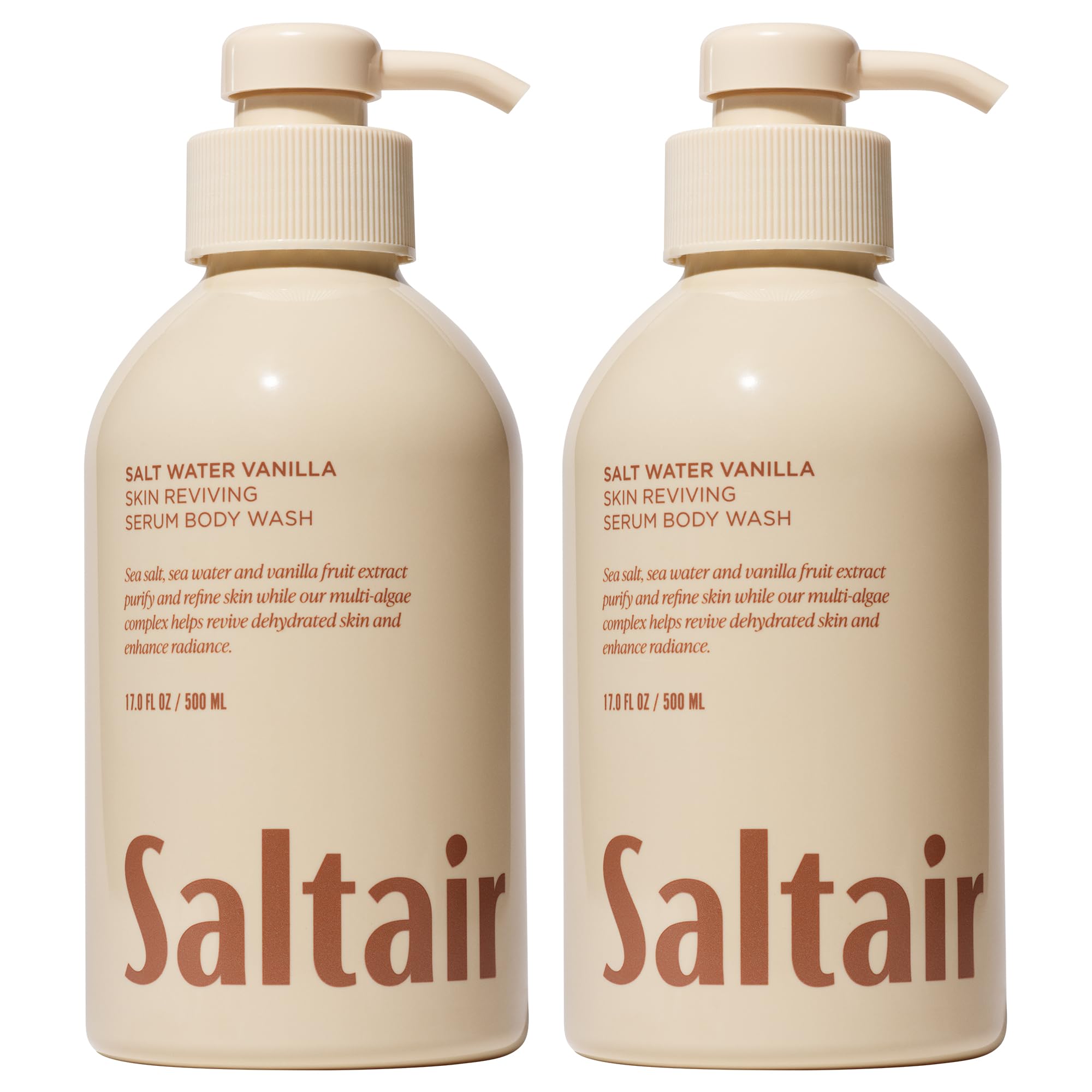 Saltair Salt Water Vanilla bottle pump for daily hydration and a luxe shower ritual.