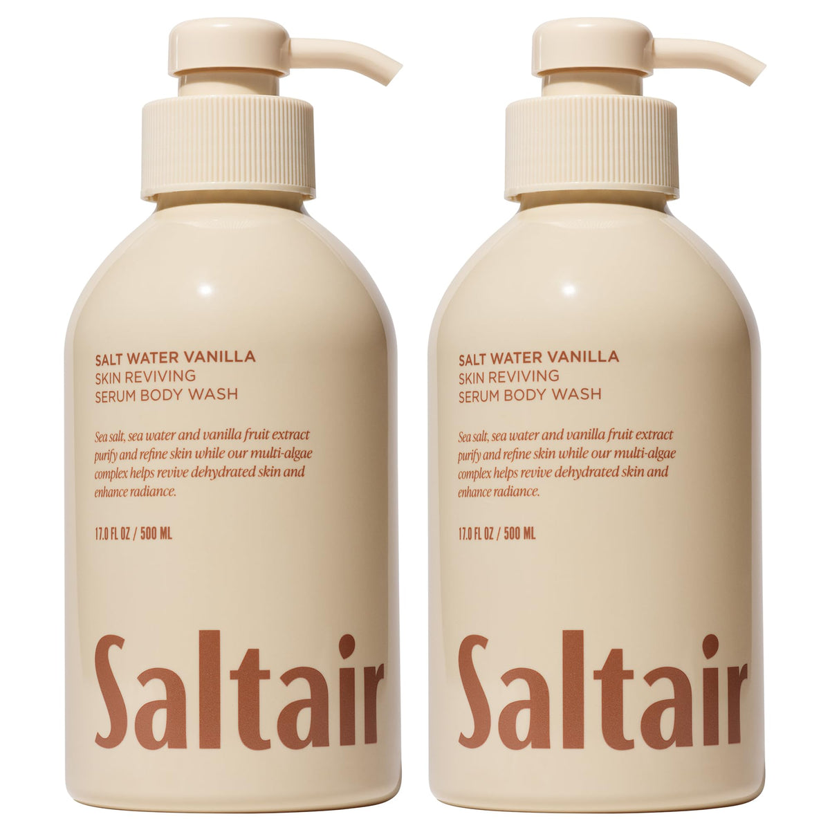 Saltair Salt Water Vanilla bottle pump for daily hydration and a luxe shower ritual.