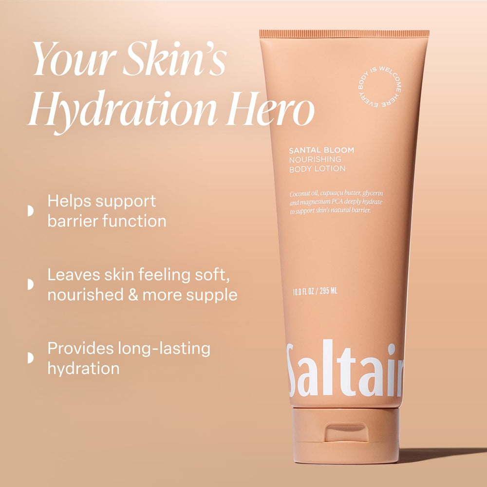 Saltair Santal Bloom lotion tube back view with ingredients highlights for vegan formula