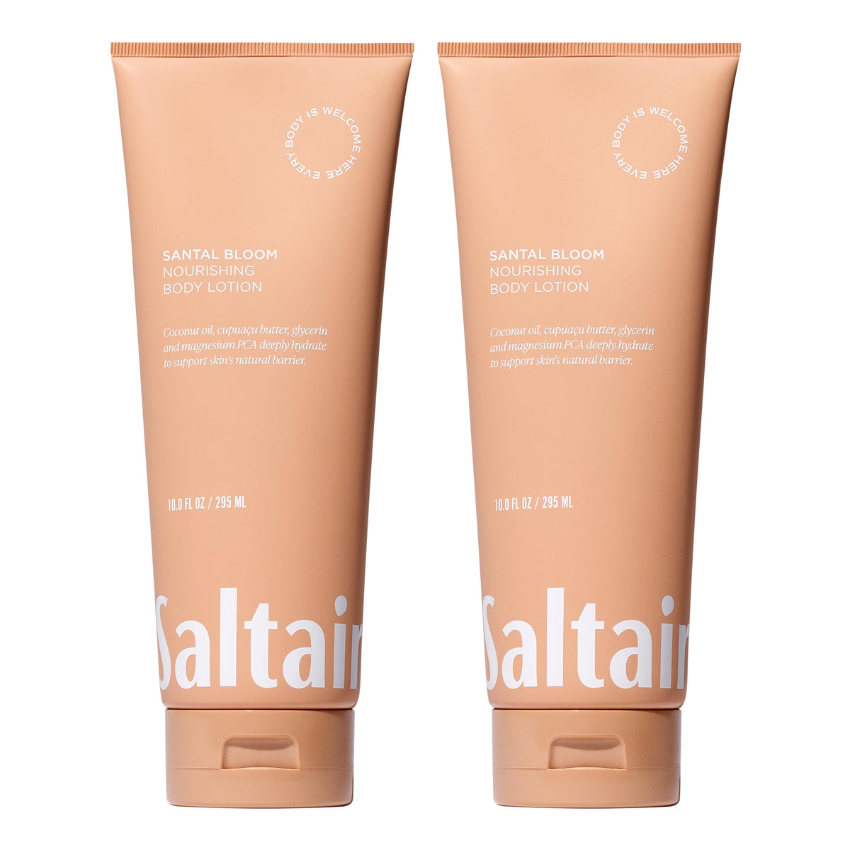 Saltair Santal Bloom body lotion tube front view showing creamy hydration texture