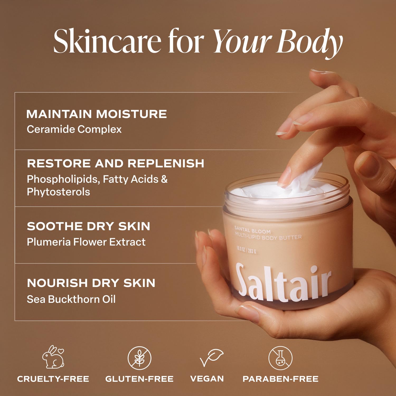Saltair sea buckthorn and coconut oil blend on skin surface for moisture.