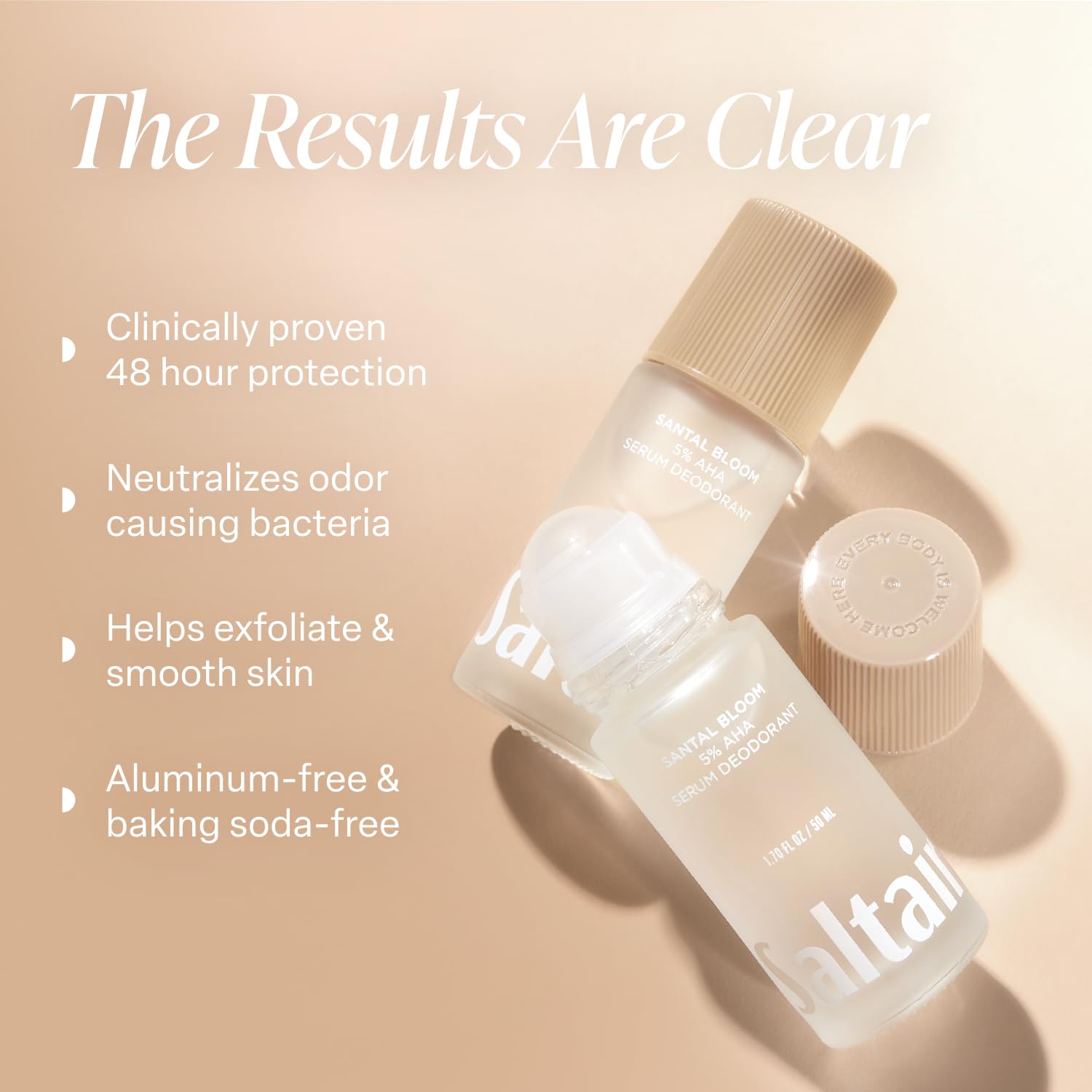 Saltair Serum Deodorant Santal Bloom roller demonstrates quick, stain-free application.