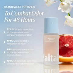 Saltair Serum Deodorant Seascape close-up bottle highlights gentle, skin-friendly formula.