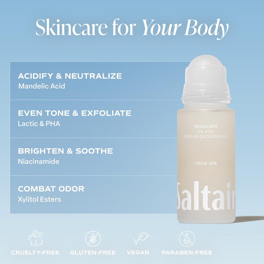 Saltair Serum Deodorant Seascape packaging emphasizes vegan, cruelty-free body care values.
