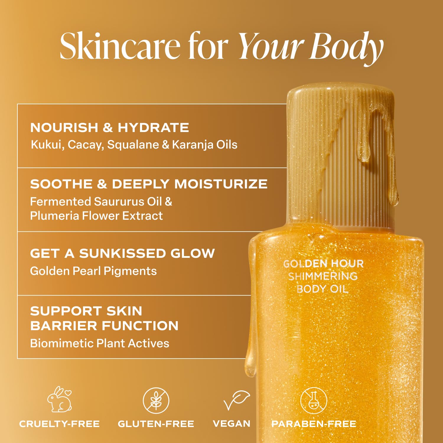 Saltair Shimmering Body Oil bottle close-up highlights luxurious, non-greasy absorption.