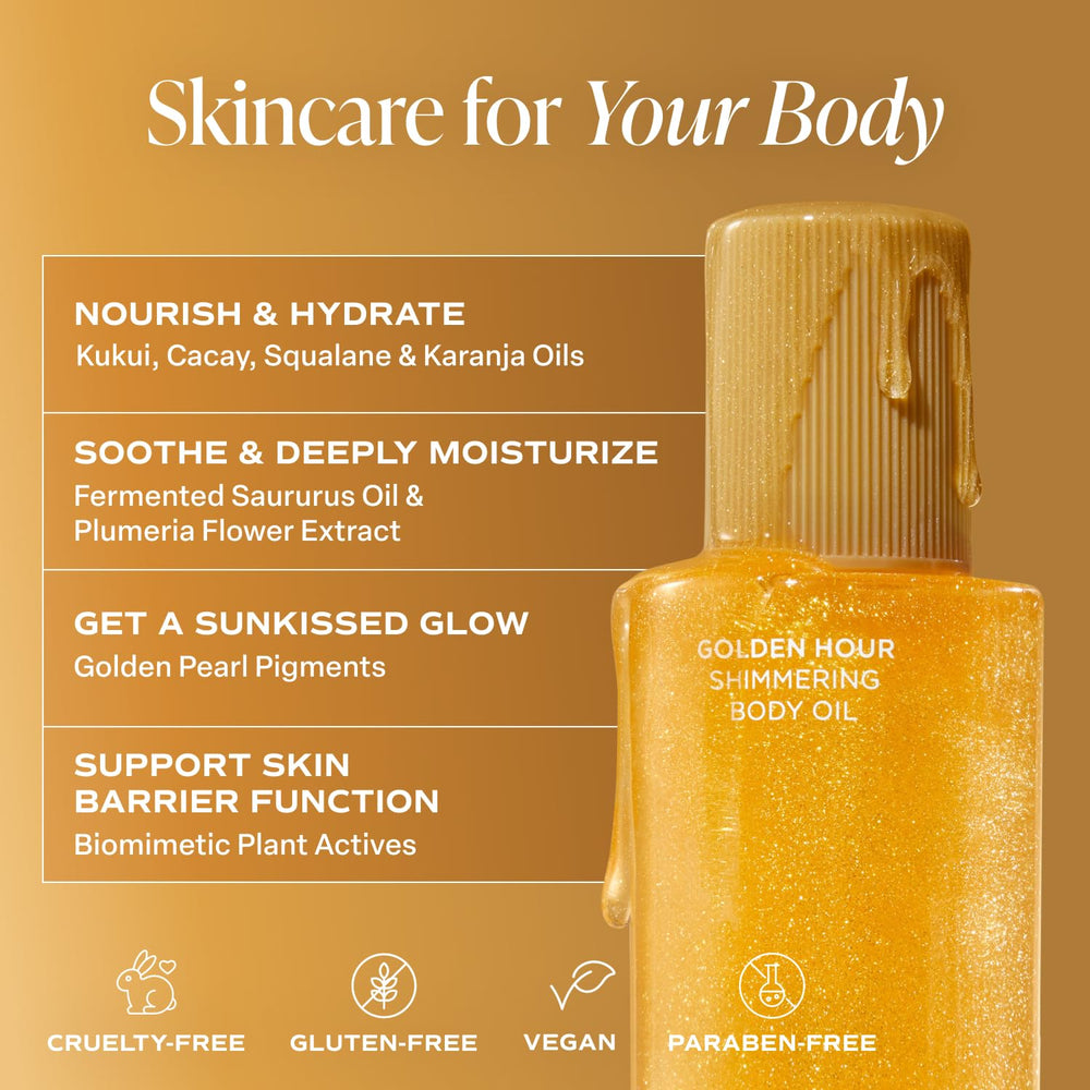Saltair Shimmering Body Oil bottle close-up highlights luxurious, non-greasy absorption.