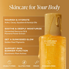 Saltair Shimmering Body Oil bottle close-up highlights luxurious, non-greasy absorption.