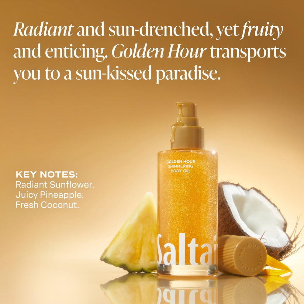 Saltair Shimmering Body Oil packaging shows 4 oz pump for daily use.