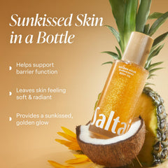 Saltair Shimmering Body Oil shows pearlescent pigments for a subtle sun-kissed glow.