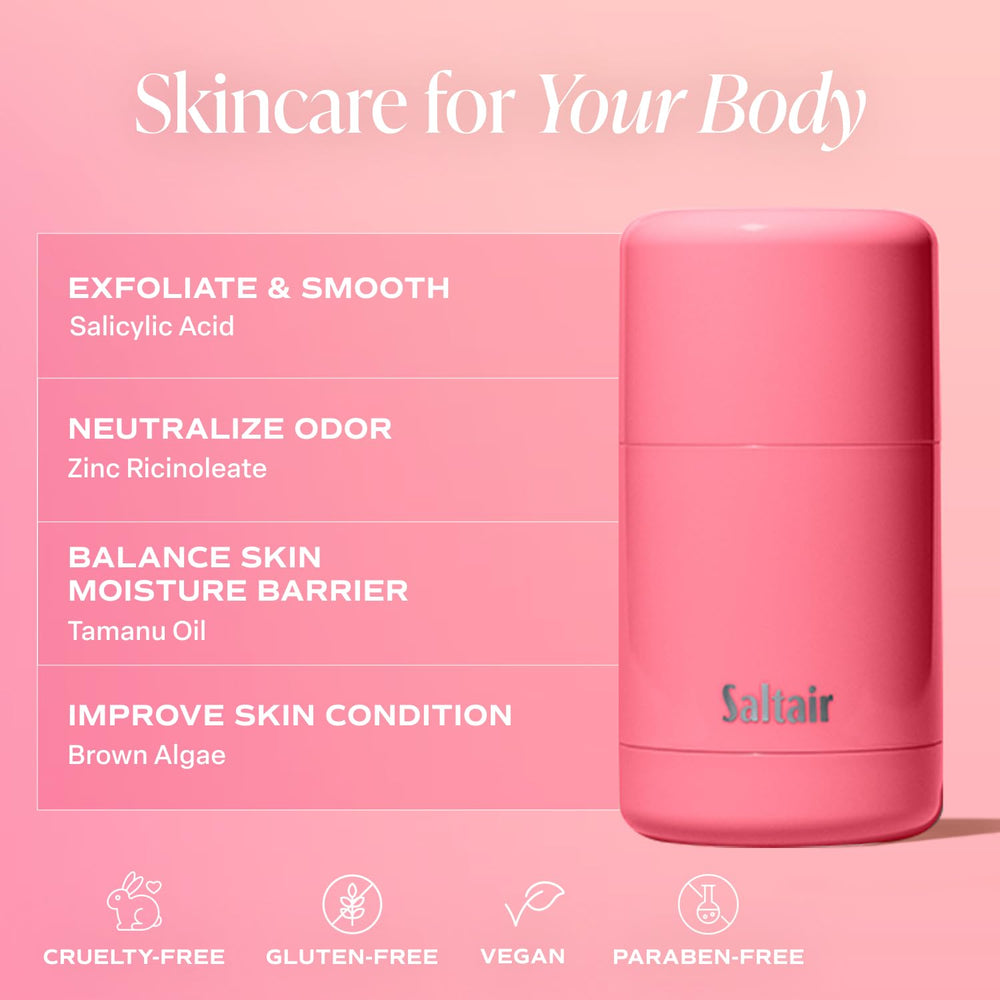 Pink Beach label on Saltair deodorant highlights coconut vanilla notes.