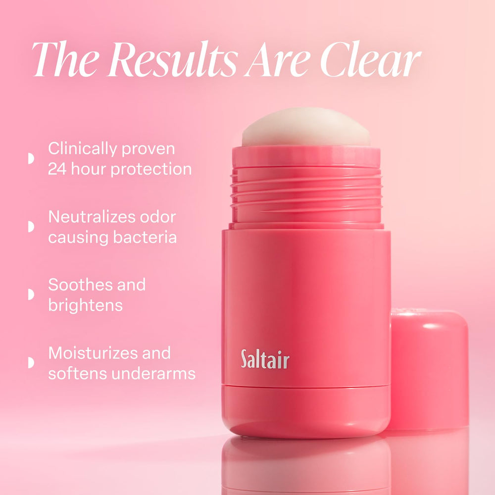 Saltair deodorant stick close-up shows smooth application without residue.