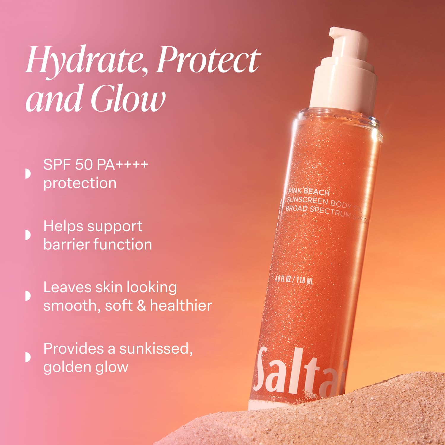 Closeup of Saltair SPF Body Oil bottle emphasizing travel-friendly packaging.