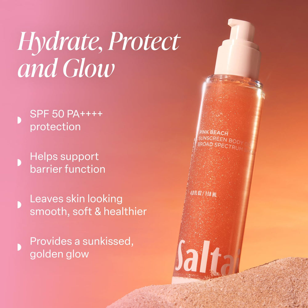 Closeup of Saltair SPF Body Oil bottle emphasizing travel-friendly packaging.