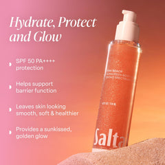 Closeup of Saltair SPF Body Oil bottle emphasizing travel-friendly packaging.