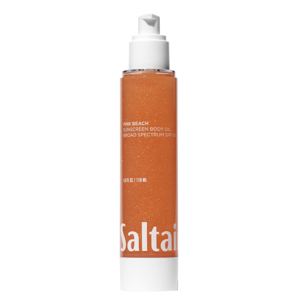 Saltair SPF Body Oil bottle with pump for easy, mess-free sunscreen application.