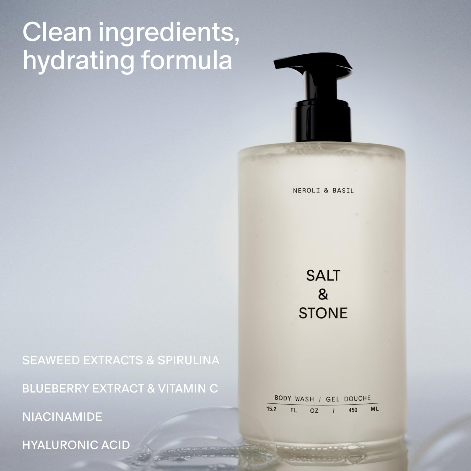 Salt & Stone close-up label highlights Neroli Basil scent and clean formula.