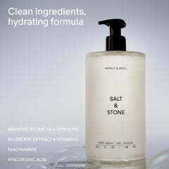 Salt & Stone close-up label highlights Neroli Basil scent and clean formula.