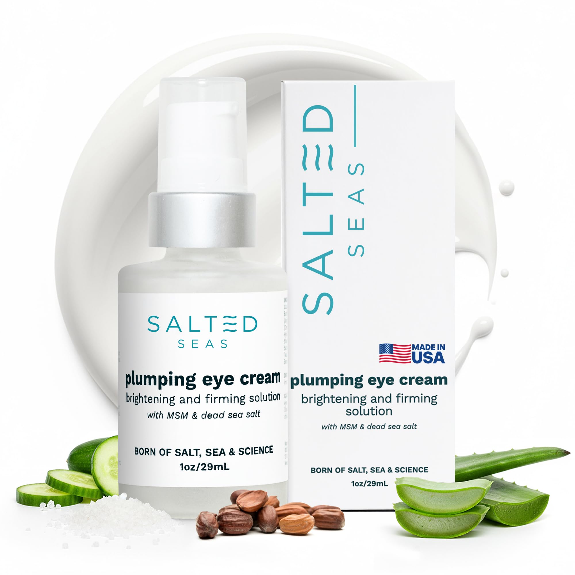 Salted Seas Plumping Eye Cream packaging conveys USA-made quality for daily eye care.