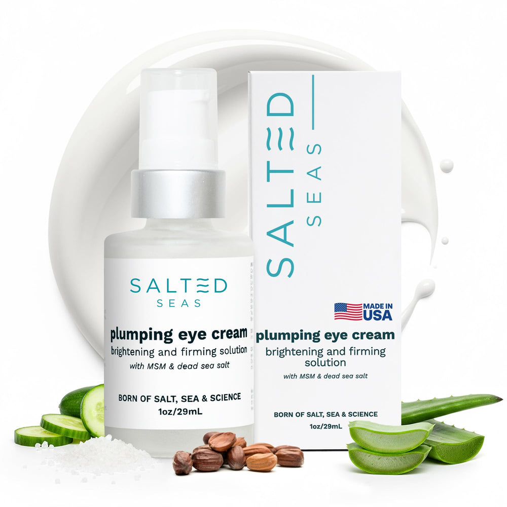 Salted Seas Plumping Eye Cream packaging conveys USA-made quality for daily eye care.