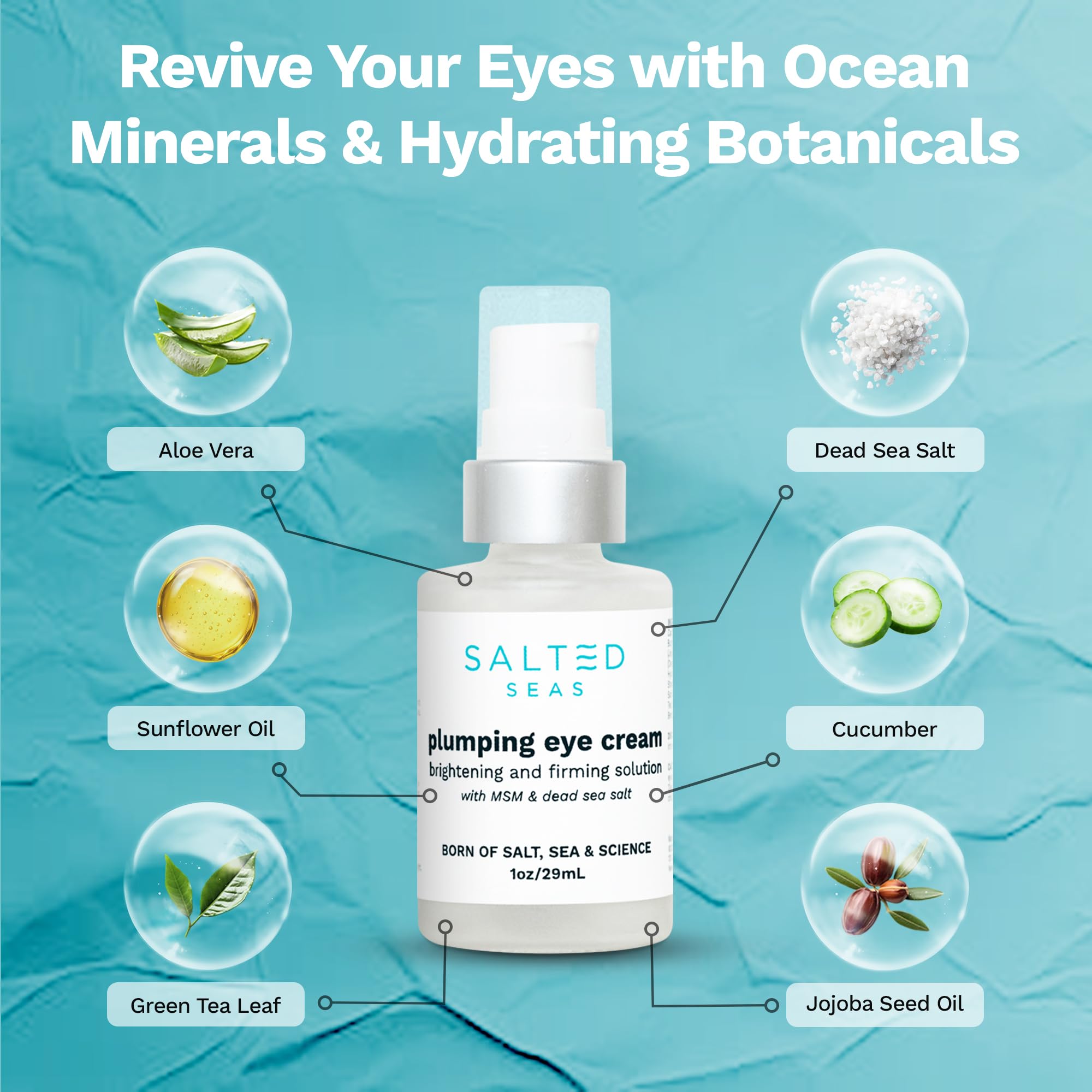 Salted Seas Plumping Eye Cream tube front shows accessible packaging for easy application.