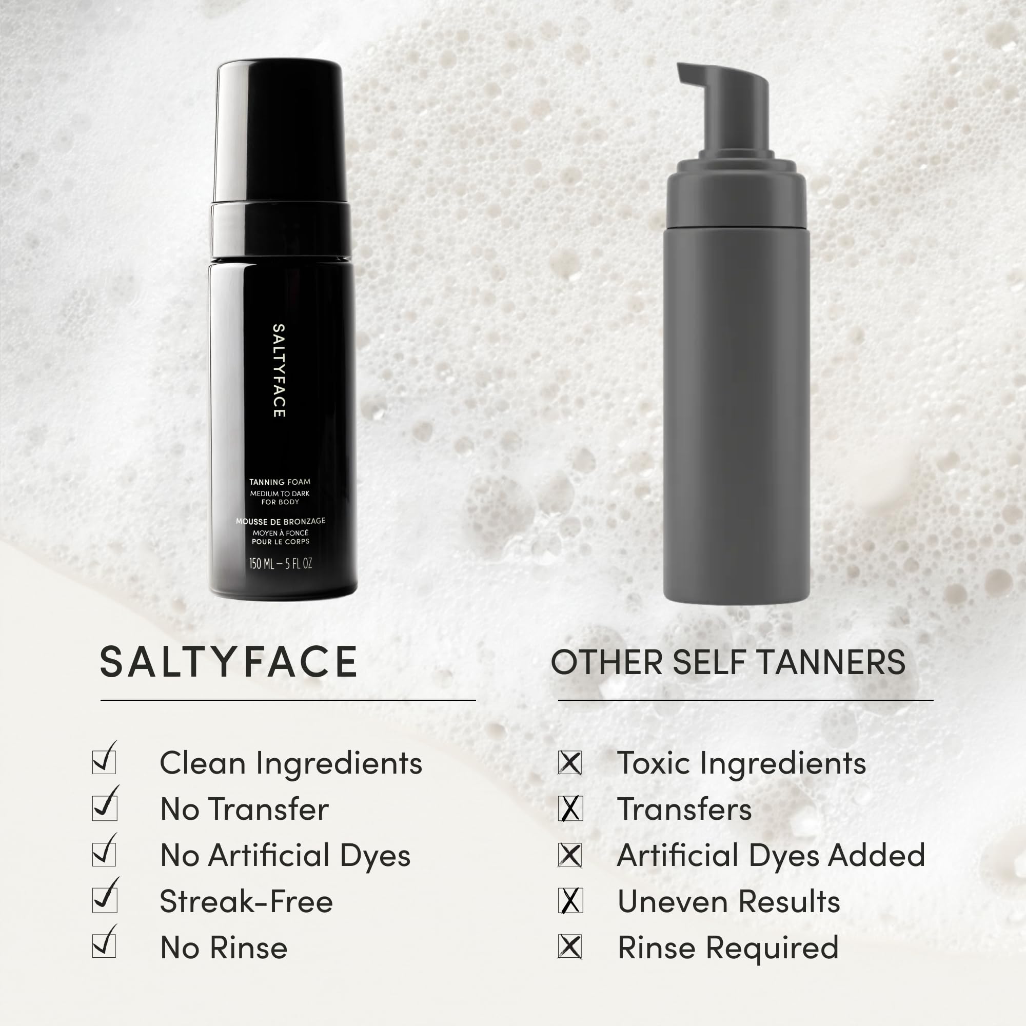 SALTYFACE tanning foam applied to arm for even, natural coverage.
