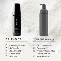SALTYFACE tanning foam applied to arm for even, natural coverage.
