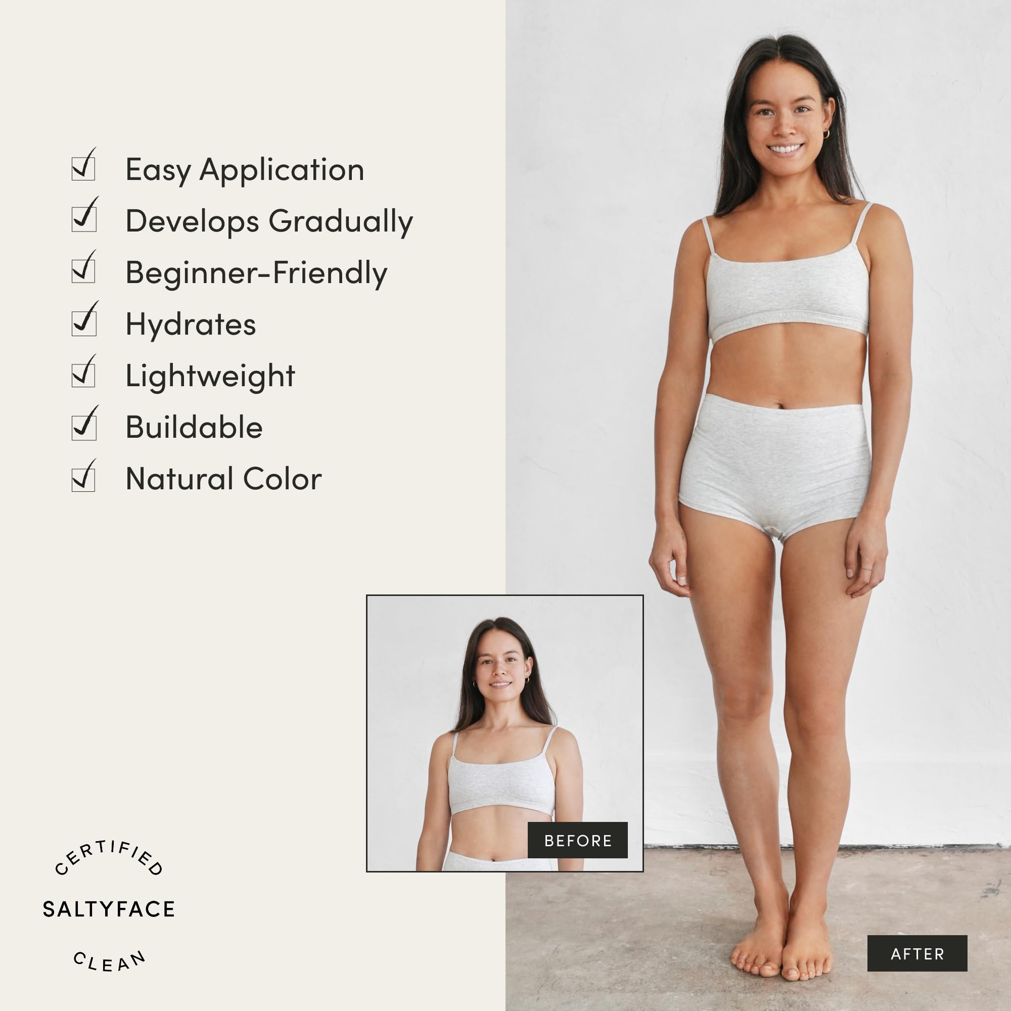 SALTYFACE tanning foam applied to leg for a smooth, streak-free glow.