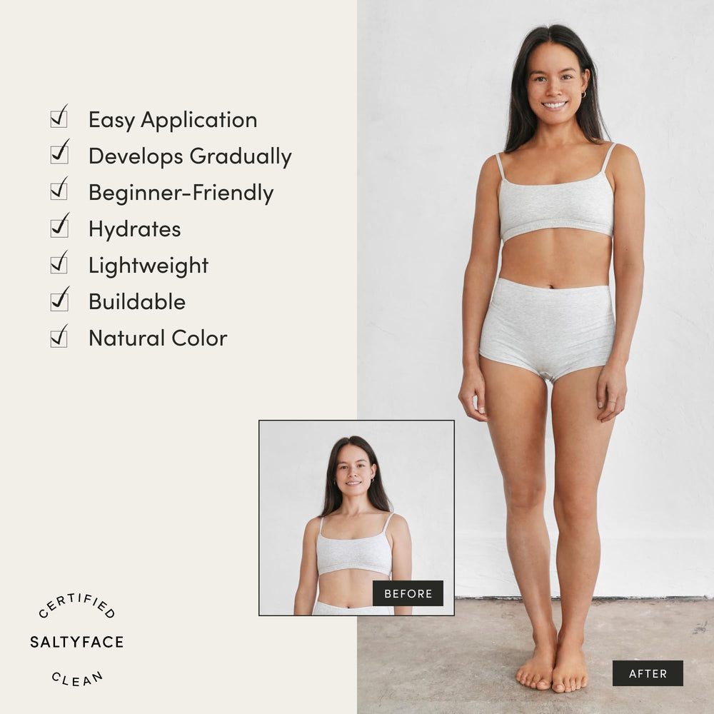 SALTYFACE tanning foam applied to leg for a smooth, streak-free glow.