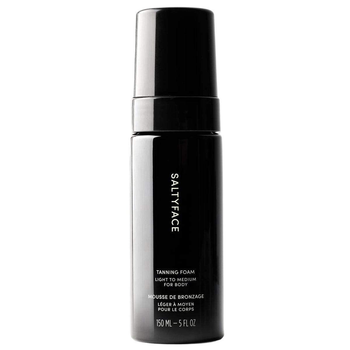 SALTYFACE Tanning Foam bottle demonstrates easy, streak-free application for a sun-kissed glow.