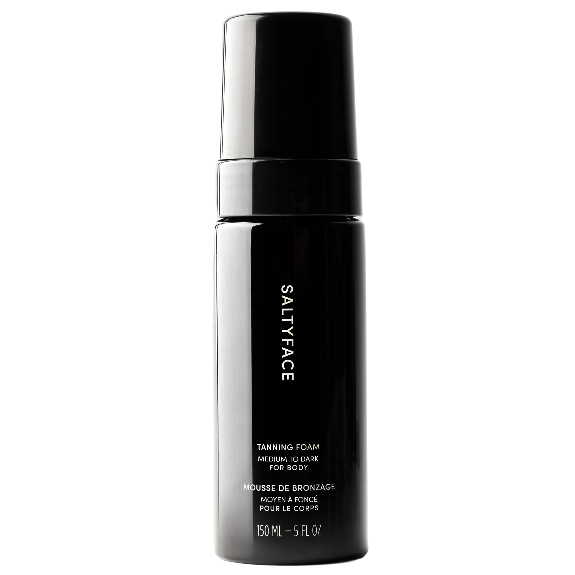SALTYFACE tanning foam bottle for easy full-body self-tanning.