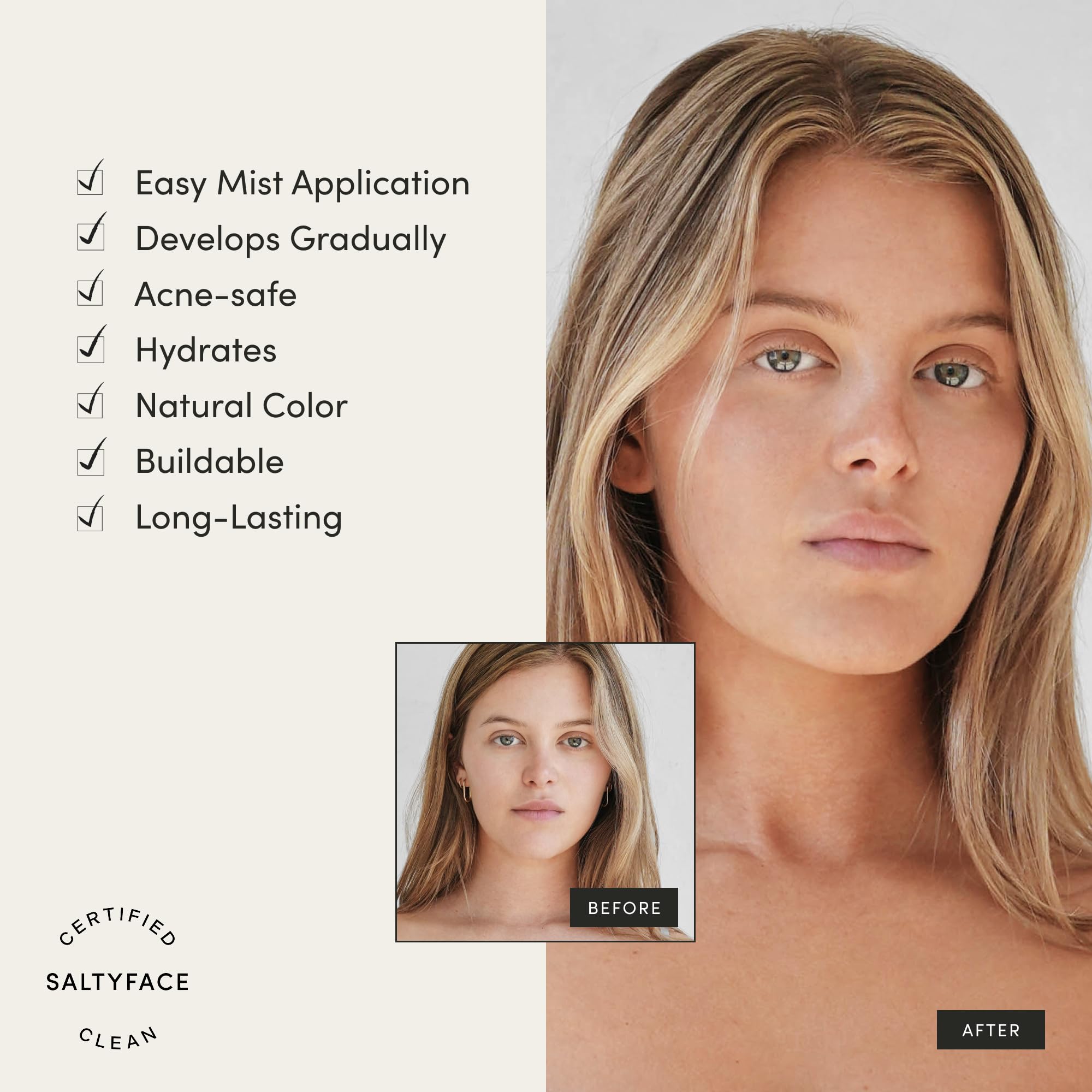 SALTYFACE Tanning Water face-neck-chest application demonstrates gradual tan.