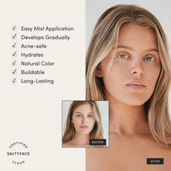SALTYFACE Tanning Water face-neck-chest application demonstrates gradual tan.