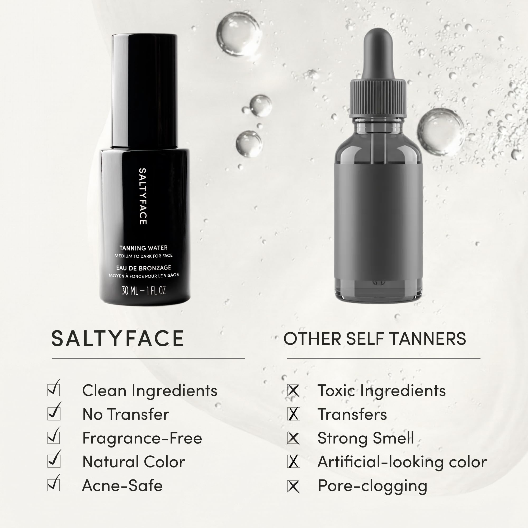 SALTYFACE Tanning Water universal-shades offers Light to Medium and Medium to Dark.