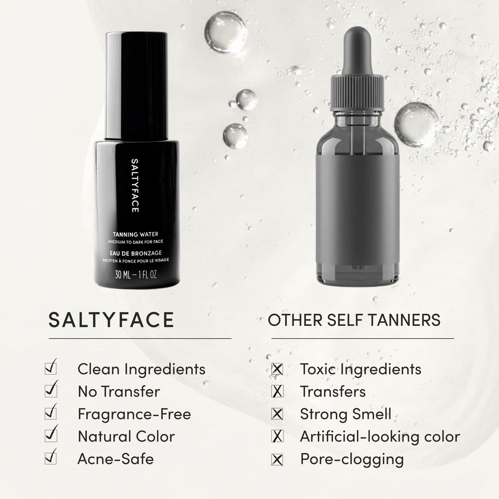 SALTYFACE Tanning Water universal-shades offers Light to Medium and Medium to Dark.
