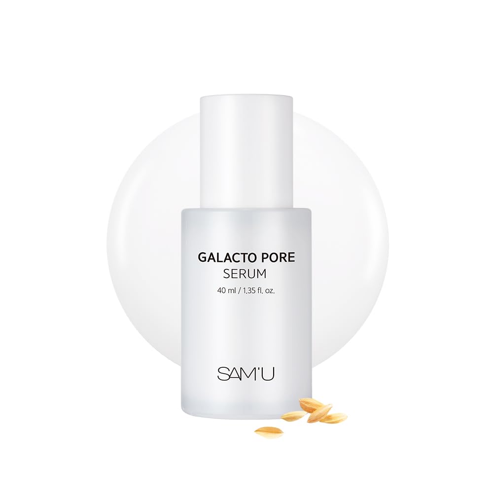 SAM'U Galacto Pore Serum bottle close-up, highlighting pore-minimizing formula.