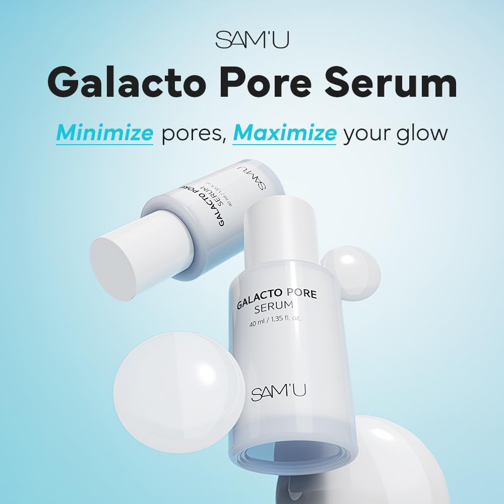 SAM'U Galacto Pore Serum ingredients board with Galactomyces and exfoliants.
