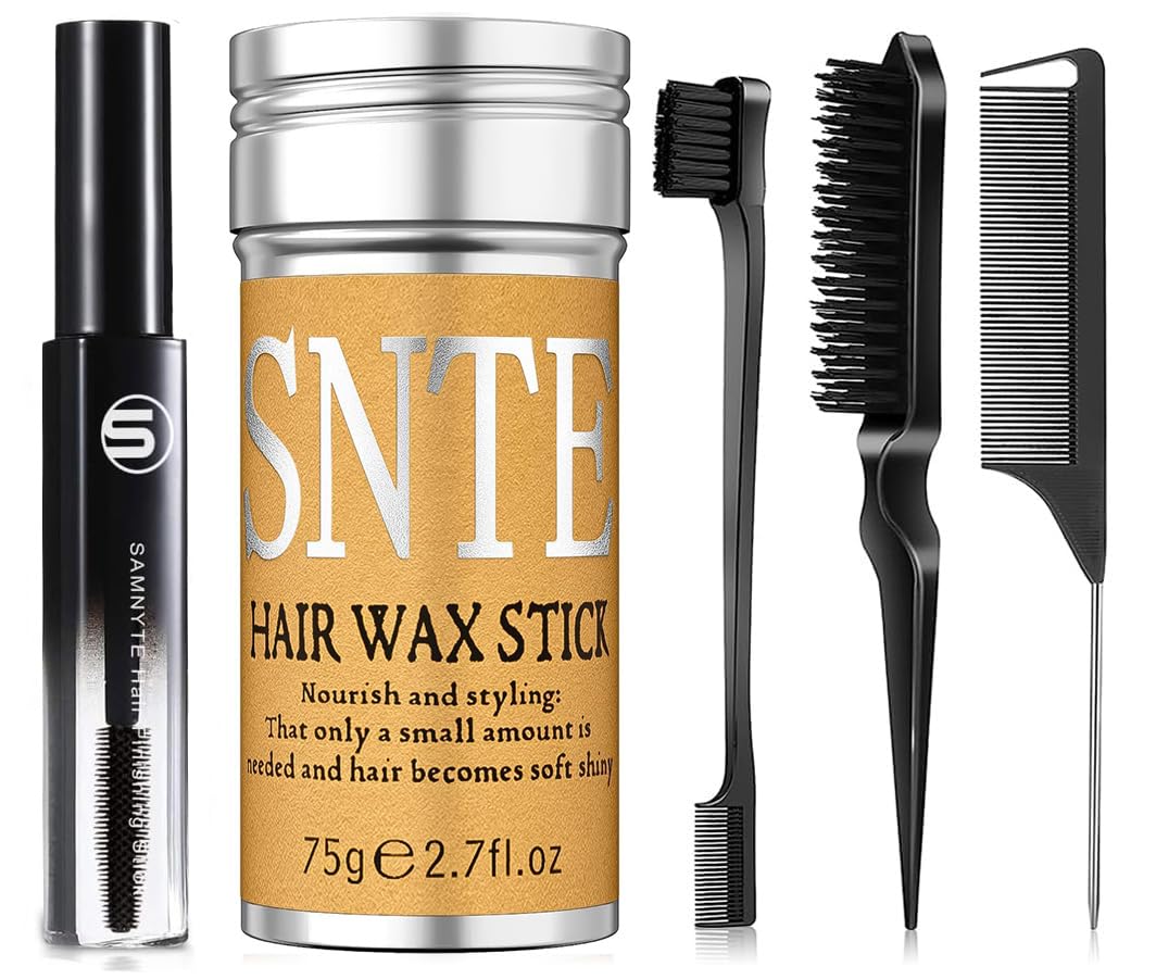 Samnyte Hair Wax Stick 5pcs Set package shows compact, portable styling kit for flyaway control.